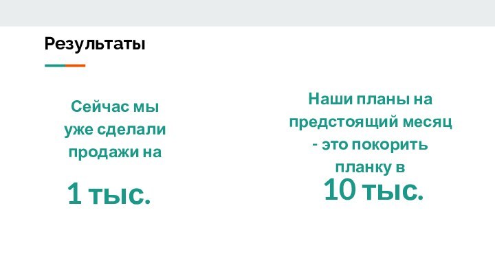 РезультатыСейчас мы уже сделали продажи на 1 тыс.Наши планы на предстоящий месяц