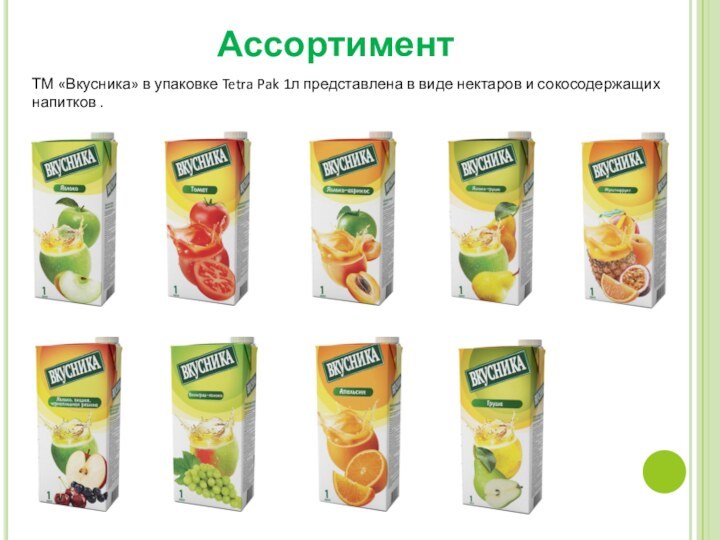 Ассортимент ТМ «Вкусника» в упаковке Tetra Pak 1л представлена в виде нектаров