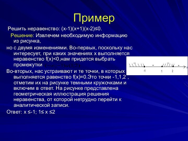 Пример Решить неравенство: (х-1)(х+1)(х-2)≤0.  Решение: Извлечем необходимую информацию из рисунка,но с