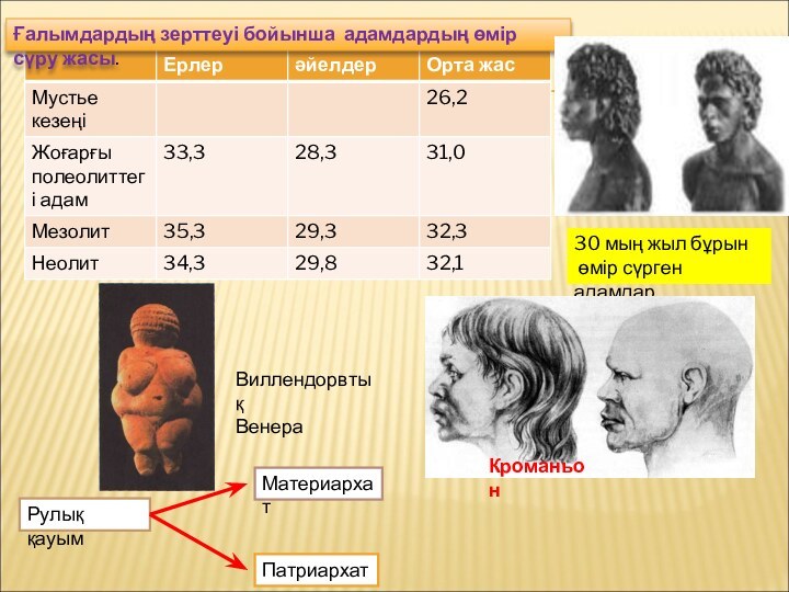 Ғалымдардың зерттеуі бойынша адамдардың өмір сүру жасы.Рулық қауым МатериархатПатриархат30 мың жыл бұрын өмір сүрген адамдарКроманьонВиллендорвтық Венера