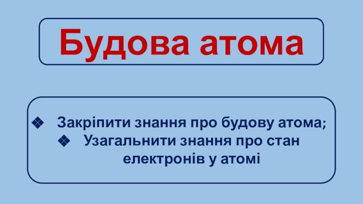 Будова атомаЗакріпити знання про будову атома;Узагальнити знання про стан електронів у атомі