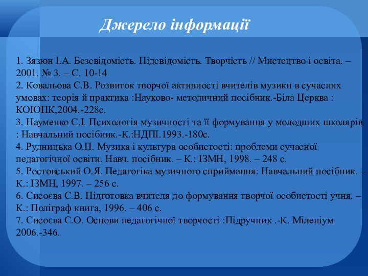 1. Зязюн І.А. Безсвідомість. Підсвідомість. Творчість // Мистецтво і освіта. –