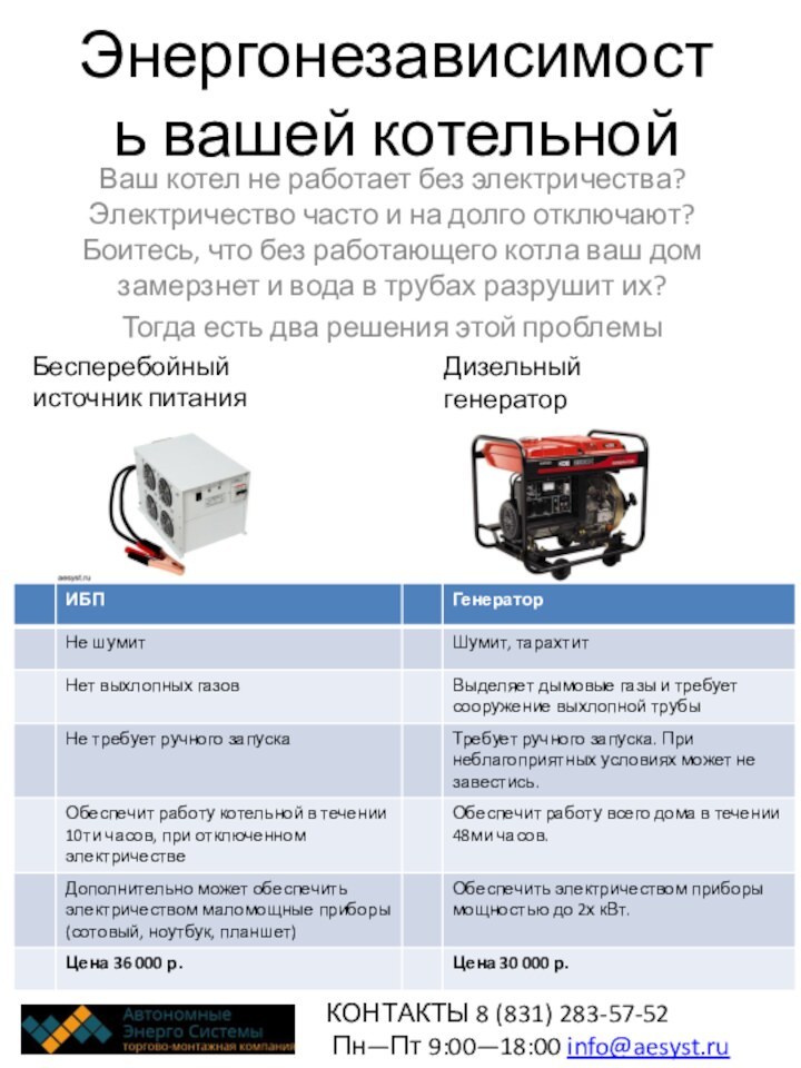 Энергонезависимость вашей котельнойВаш котел не работает без электричества? Электричество часто и на