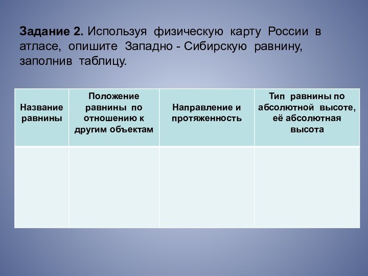 Задание 2. Используя физическую карту России в атласе, опишите Западно - Сибирскую равнину, заполнив таблицу.