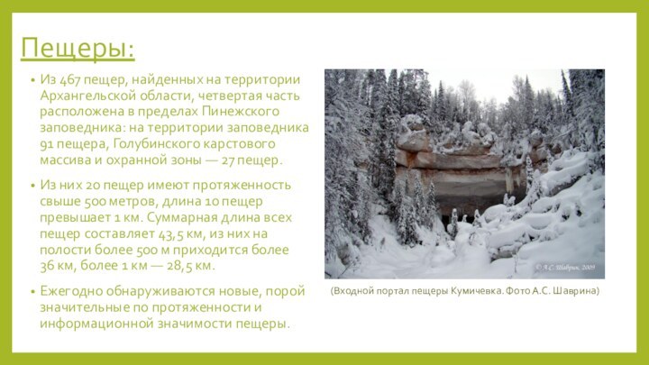 Пещеры:Из 467 пещер, найденных на территории Архангельской области, четвертая часть расположена в