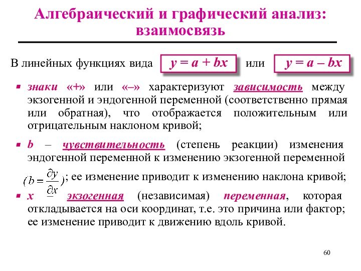 Алгебраический и графический анализ: взаимосвязьзнаки «+» или «–» характеризуют зависимость между экзогенной