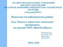 Оценка и управление стоимости предприятия ООО ПродХимПром