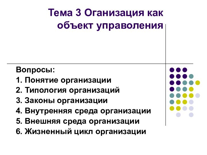 Тема 3 Оганизация как объект управоленияВопросы:1. Понятие организации2. Типология организаций3. Законы организации