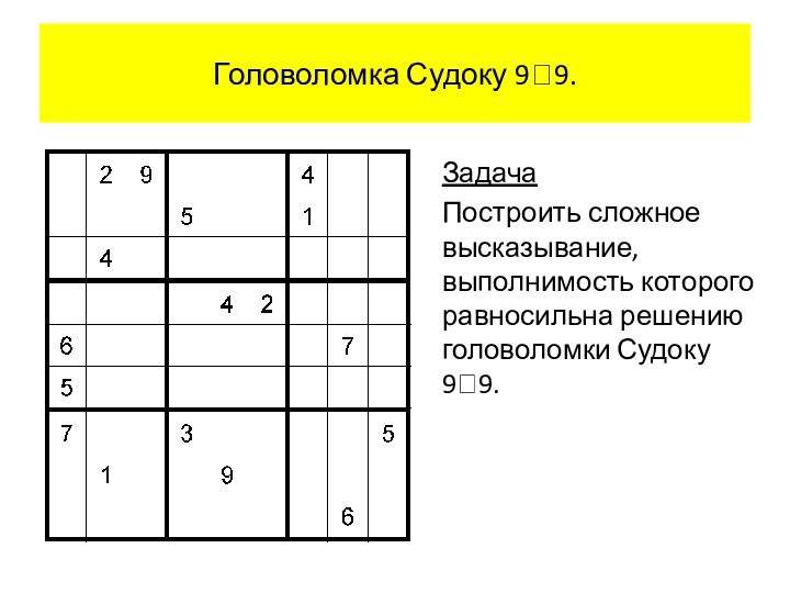 Головоломка Судоку 99.Задача Построить сложное высказывание, выполнимость которого равносильна решению головоломки Судоку 99.