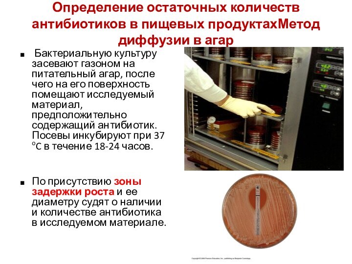 Определение остаточных количеств антибиотиков в пищевых продуктахМетод диффузии в агар Бактериальную культуру