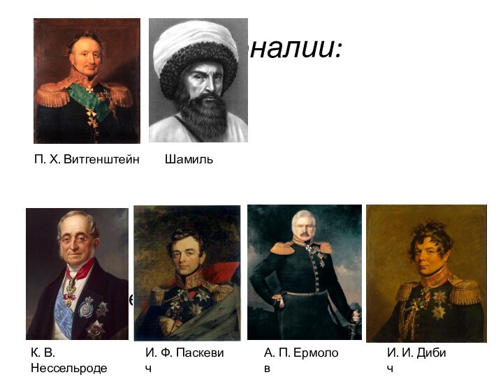 Персоналии:; В. А. ПеровскийК. В. НессельродеИ. Ф. ПаскевичА. П. ЕрмоловИ. И. ДибичП. Х. ВитгенштейнШамиль