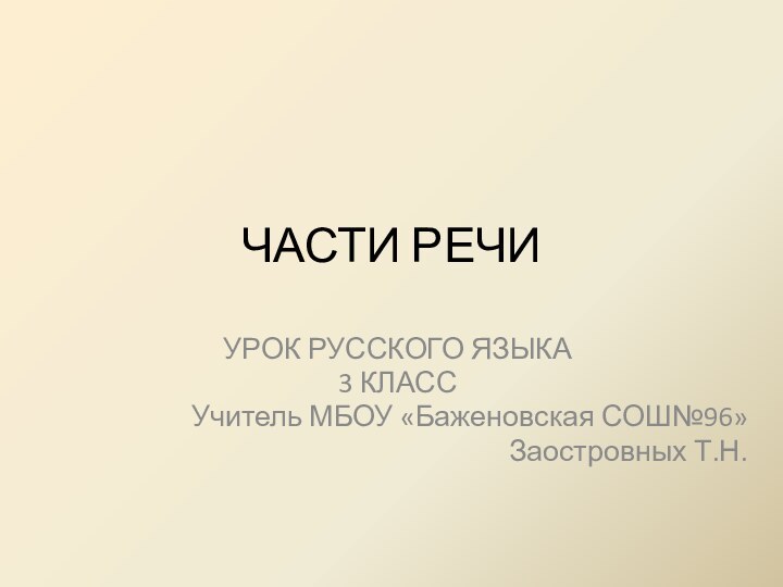 ЧАСТИ РЕЧИУРОК РУССКОГО ЯЗЫКА3 КЛАССУчитель МБОУ «Баженовская СОШ№96»Заостровных Т.Н.