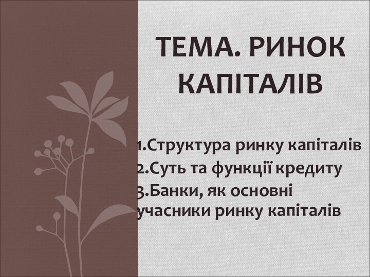 1.Структура ринку капіталів2.Суть та функції кредиту3.Банки, як основні учасники ринку капіталівТЕМА. РИНОК КАПІТАЛІВ