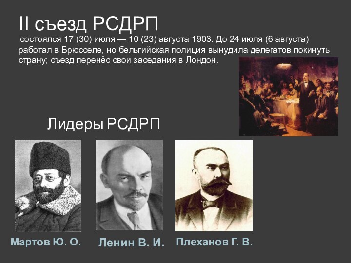 Лидеры РСДРПЛенин В. И.Плеханов Г. В.Мартов Ю. О.II съезд РСДРПсостоялся 17 (30) июля