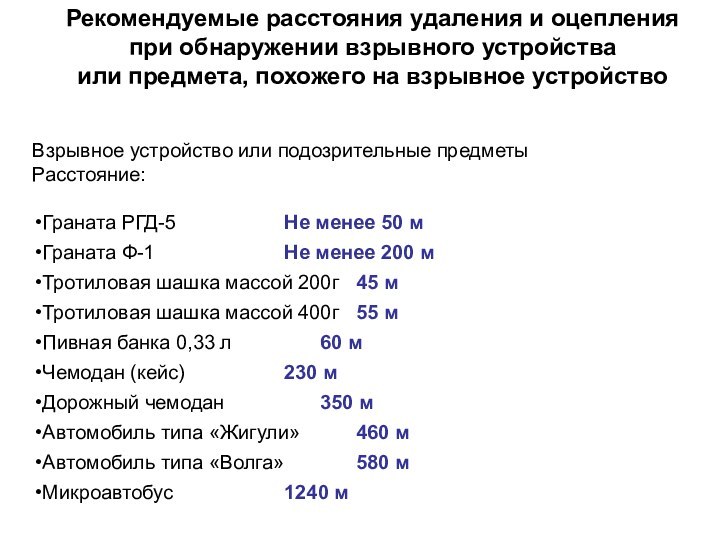 Рекомендуемые расстояния удаления и оцепления при обнаружении взрывного устройства или предмета, похожего