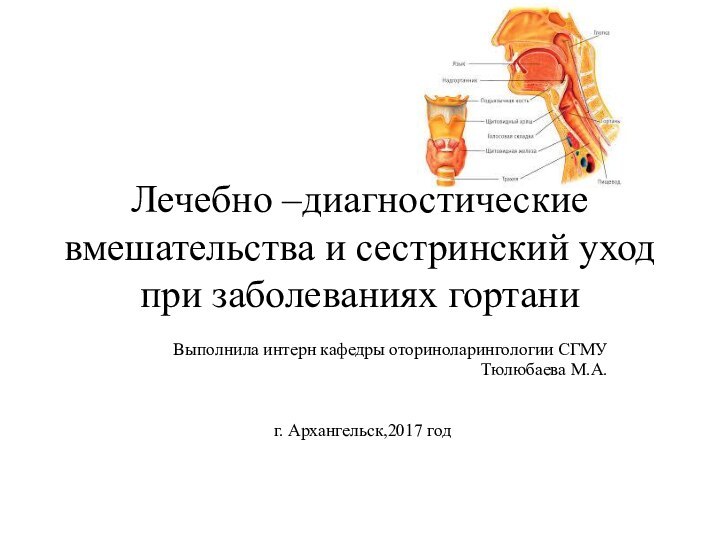 Лечебно –диагностические вмешательства и сестринский уход при заболеваниях гортаниВыполнила интерн кафедры оториноларингологии СГМУТюлюбаева М.А.г. Архангельск,2017 год