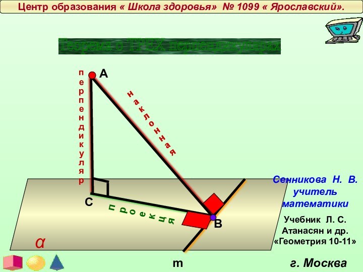 αСВнаклоннаяпроекцяmперпендикулярЦентр образования « Школа здоровья» № 1099 « Ярославский».Теорема о ТРЕХ перпендикулярах