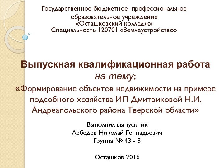 Выпускная квалификационная работа  на тему: «Формирование объектов недвижимости на примере подсобного