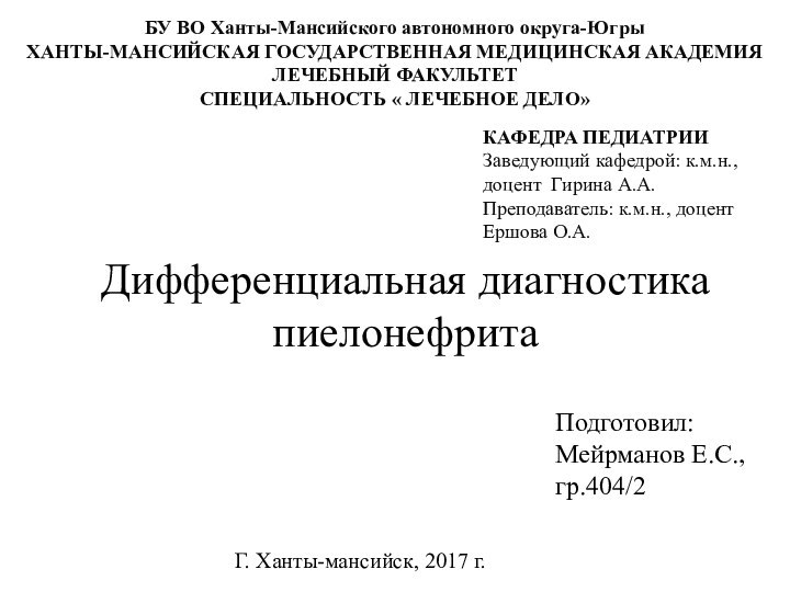 БУ ВО Ханты-Мансийского автономного округа-Югры ХАНТЫ-МАНСИЙСКАЯ ГОСУДАРСТВЕННАЯ МЕДИЦИНСКАЯ АКАДЕМИЯ ЛЕЧЕБНЫЙ ФАКУЛЬТЕТ СПЕЦИАЛЬНОСТЬ