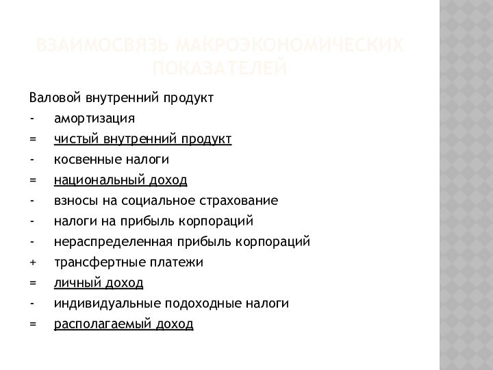 ВЗАИМОСВЯЗЬ МАКРОЭКОНОМИЧЕСКИХ ПОКАЗАТЕЛЕЙВаловой внутренний продукт-	амортизация= 	чистый внутренний продукт-	косвенные налоги= 	национальный доход- 	взносы