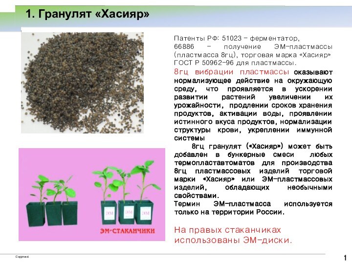 Патенты РФ: 51023 – ферментатор,66886 – получение ЭМ-пластмассы (пластмасса 8гц), торговая марка