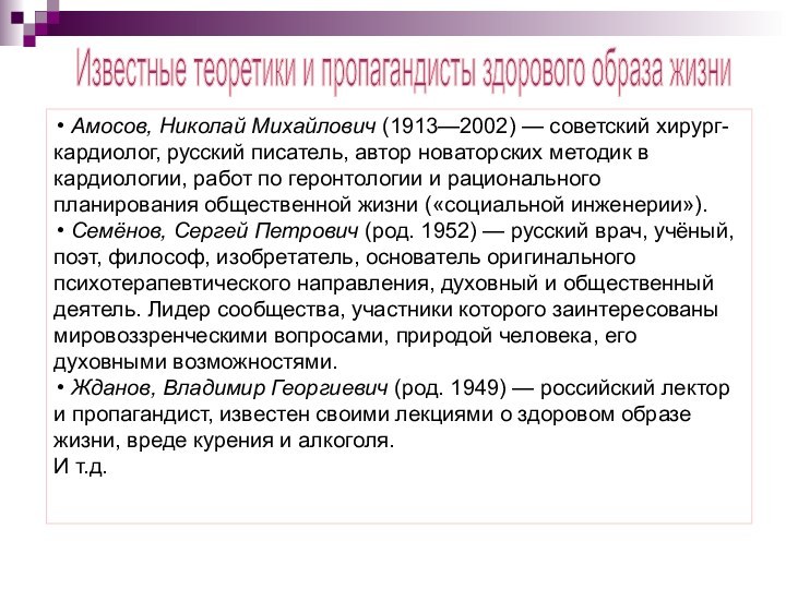 Известные теоретики и пропагандисты здорового образа жизни Амосов, Николай Михайлович (1913—2002) —