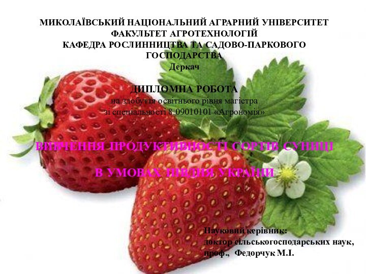 МИКОЛАЇВСЬКИЙ НАЦІОНАЛЬНИЙ АГРАРНИЙ УНІВЕРСИТЕТ ФАКУЛЬТЕТ АГРОТЕХНОЛОГІЙ КАФЕДРА РОСЛИННИЦТВА ТА САДОВО-ПАРКОВОГО ГОСПОДАРСТВА Деркач