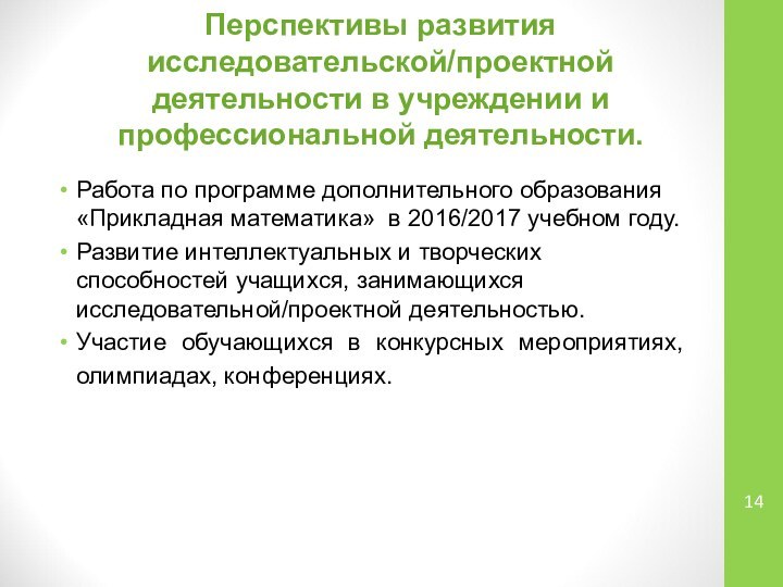 Перспективы развития исследовательской/проектной деятельности в учреждении и профессиональной деятельности. Работа по программе