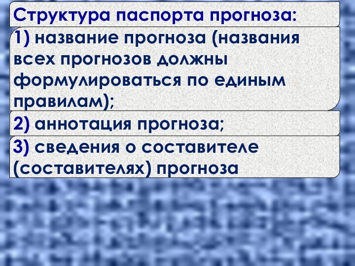 Структура паспорта прогноза:1) название прогноза (названия всех прогнозов должны формулироваться по единым