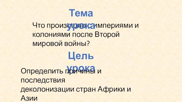 Что произошло с империями и колониями после Второй мировой войны?Тема урокаЦель урокаОпределить