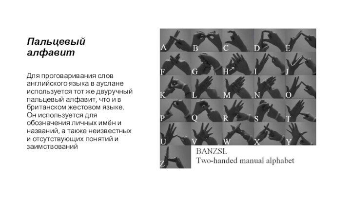 Пальцевый алфавитДля проговаривания слов английского языка в ауслане используется тот же двуручный