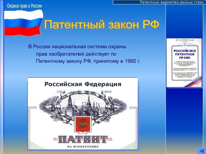 В России национальная система охраны  прав изобретателей действует по  Патентному