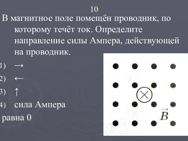 10В магнитное поле помещён проводник, по которому течёт ток. Определите направление силы