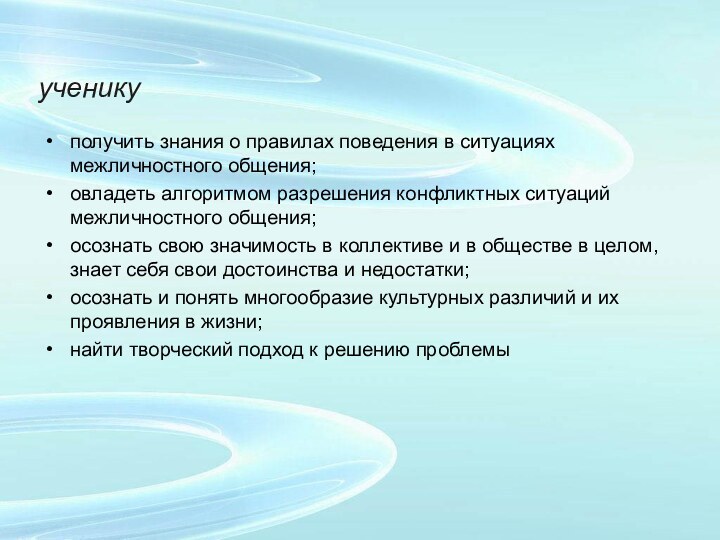 ученику получить знания о правилах поведения в ситуациях межличностного общения;овладеть алгоритмом