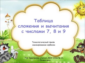 Таблица сложения и вычитания с числами 7, 8 и 9