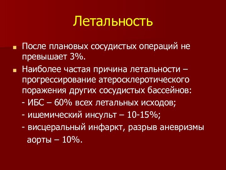 Летальность После плановых сосудистых операций не превышает 3%.Наиболее частая причина летальности –