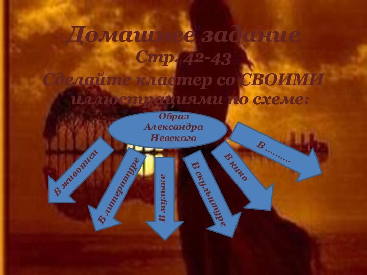 Домашнее заданиеСтр. 42-43Сделайте кластер со СВОИМИ иллюстрациями по схеме:Образ АлександраНевскогоВ живописиВ литературеВ музыкеВ скульптуреВ киноВ ……….