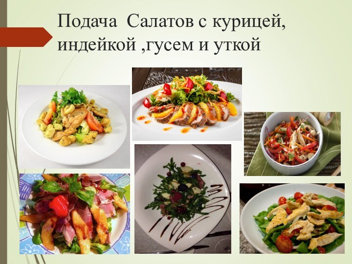 Подача Салатов с курицей, индейкой ,гусем и уткой