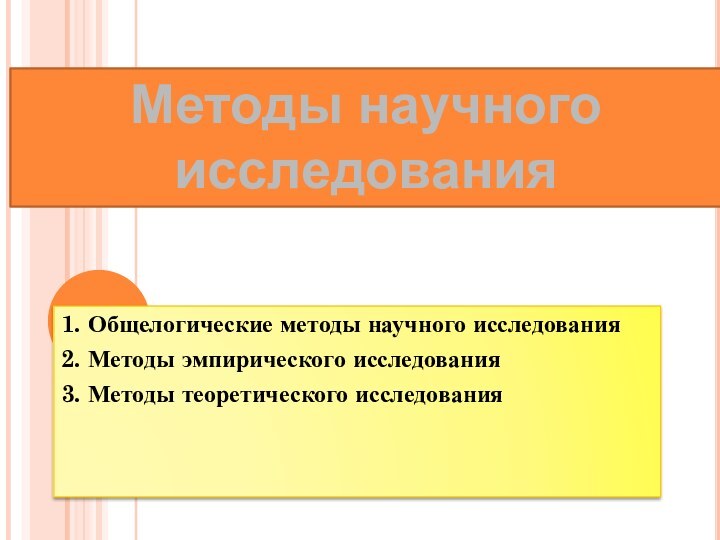 1. Общелогические методы научного исследования2. Методы эмпирического исследования 3. Методы теоретического исследованияМетоды научного исследования