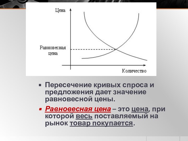 Пересечение кривых спроса и предложения дает значение равновесной цены. Равновесная цена –