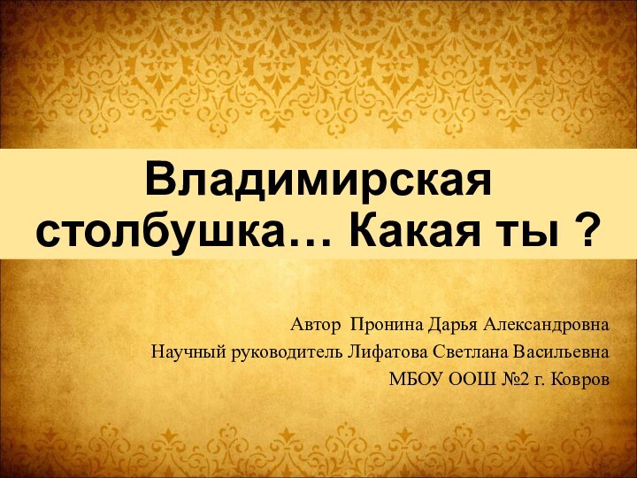 Владимирская столбушка… Какая ты ?Автор Пронина Дарья АлександровнаНаучный руководитель Лифатова Светлана ВасильевнаМБОУ ООШ №2 г. Ковров