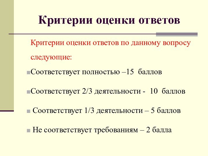 Критерии оценки ответовКритерии оценки ответов по данному вопросу следующие:Соответствует полностью –15 балловСоответствует