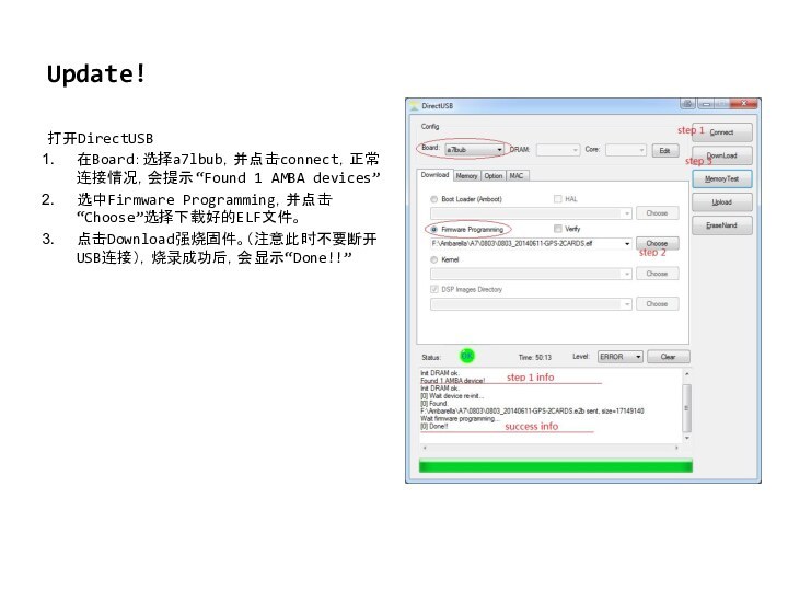 Update!打开DirectUSB在Board：选择a7lbub，并点击connect，正常连接情况，会提示“Found 1 AMBA devices”选中Firmware Programming，并点击“Choose”选择下载好的ELF文件。点击Download强烧固件。（注意此时不要断开USB连接），烧录成功后，会显示“Done!!”