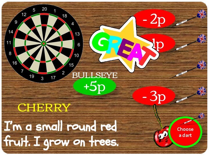 +5p- 3p- 1p- 2pCHERRYI’m a small round red fruit. I grow on trees.BULLSEYE