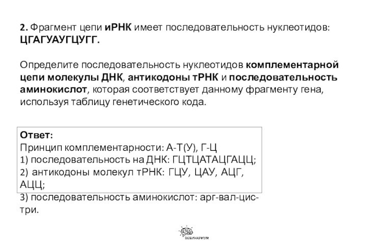 2. Фрагмент цепи иРНК имеет последовательность нуклеотидов: ЦГАГУАУГЦУГГ.   Определите последовательность