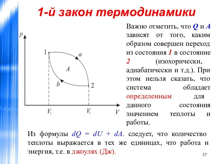 1-й закон термодинамикиВажно отметить, что Q и А зависят от того, каким