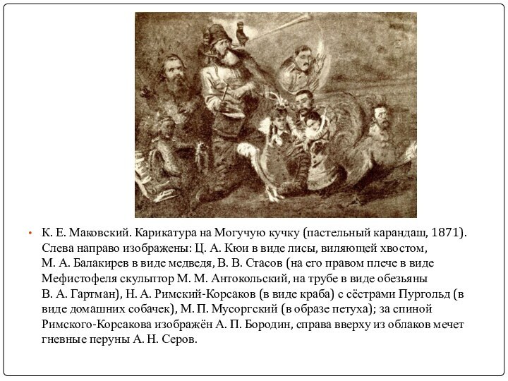 К. Е. Маковский. Карикатура на Могучую кучку (пастельный карандаш, 1871). Слева направо изображены: