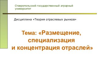 Дисциплина Теория отраслевых рынков. Тема: Размещение, специализация и концентрация отраслей