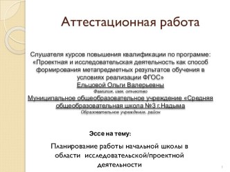 Аттестационная работа. Планирование работы начальной школы в области исследовательской/проектной деятельности