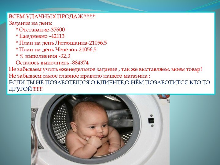 ВСЕМ УДАЧНЫХ ПРОДАЖ!!!!!!!!Задание на день:   * Отставание-37600   *